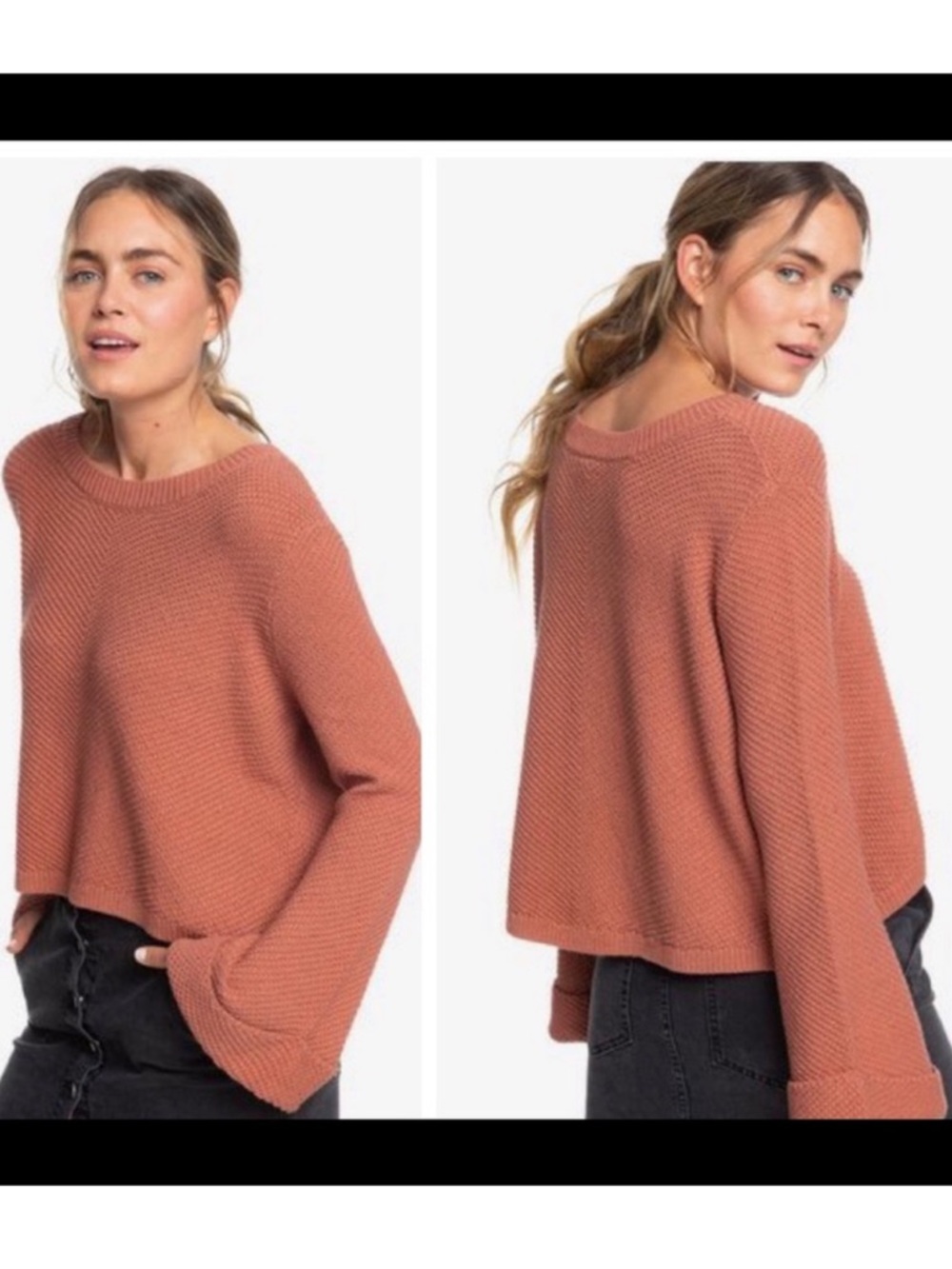 ROXY Textured Knit Cropped Sweater Bell Sleeve Rust Small